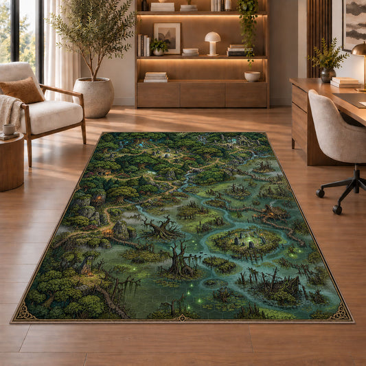 Enchanted swamp map rug with green marsh islands and winding blue waterways in a sitting room