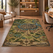 Medieval walled city map rug with surrounding rivers, roads, and compass in a sitting room