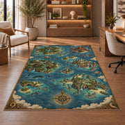 Fantasy archipelago map rug with blue ocean, castle islands, and sailing vessels in a sitting room