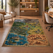 Fantasy campaign map rug with colorful kingdoms, flags, castles, and coastal terrain in a sitting room