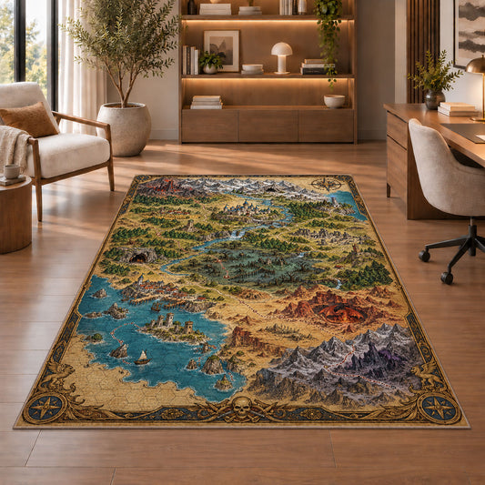 Fantasy coastal world map rug with harbor, desert, mountain ranges, and compass in a sitting room
