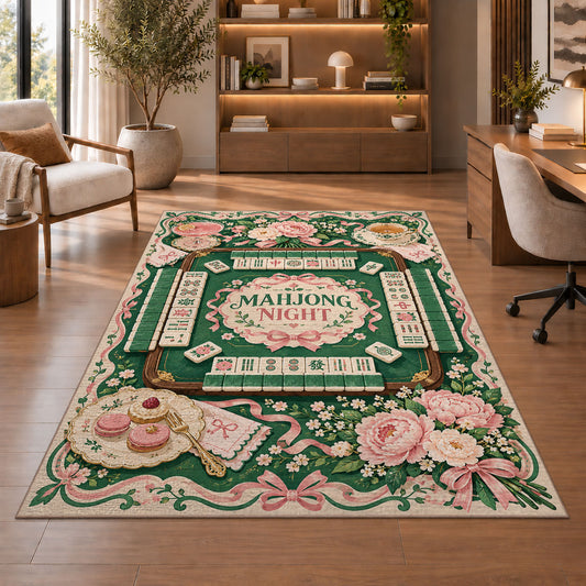 Pink Rose Mahjong Night Rug for Game Room Decor in a sitting room