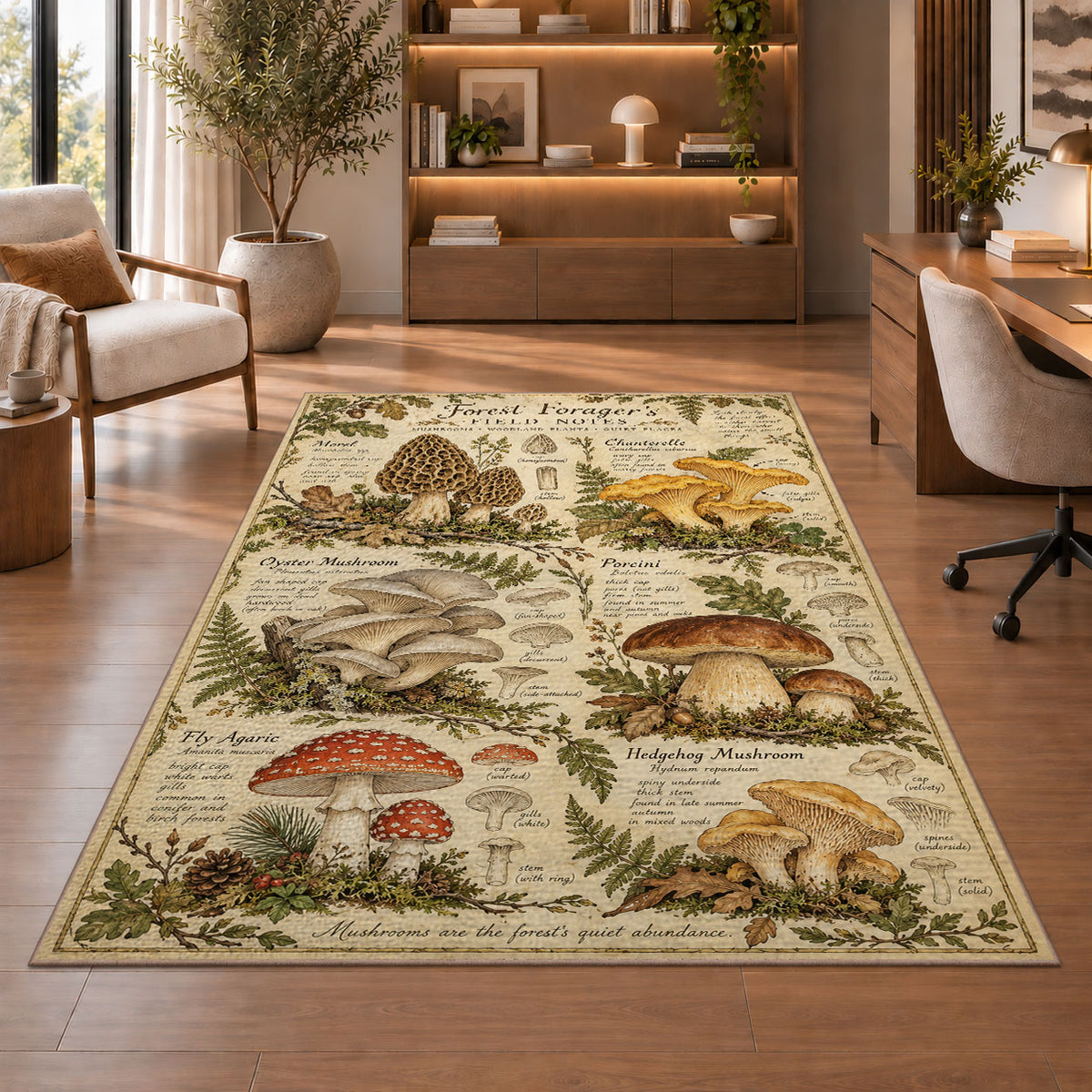 Vintage forest forager mushroom chart rug in a sitting room with an armchair