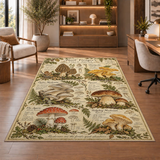 Vintage forest forager mushroom chart rug in a sitting room with an armchair