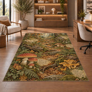Autumn woodland path with toadstools rug in a sitting room with an armchair
