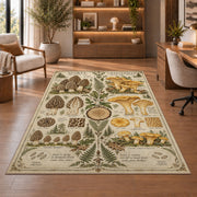 Vintage morel and chanterelle botanical study rug in a sitting room with an armchair