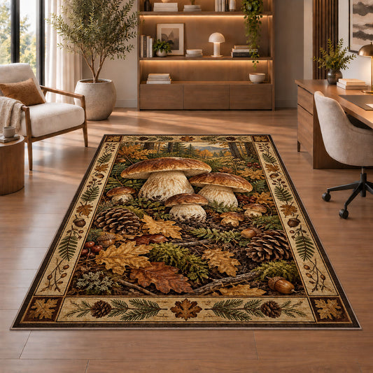 Porcini mushrooms in an autumn forest rug in a sitting room with an armchair