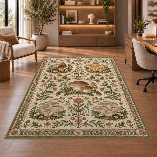Folk floral mushroom pattern rug in a sitting room with an armchair
