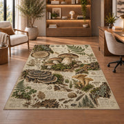 Vintage forest floor naturalist sketch rug in a sitting room with an armchair