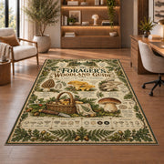 Vintage forager's woodland guide rug in a sitting room with an armchair