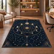 Navy and gold celestial zodiac wheel rug in a sitting room with an armchair