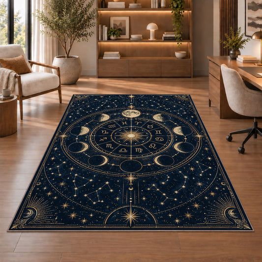 Navy and gold celestial zodiac wheel rug in a sitting room with an armchair