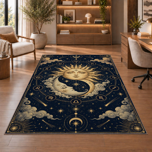 Sun and moon faces celestial rug in a sitting room with an armchair