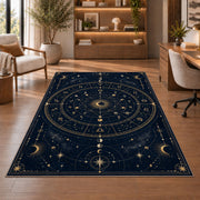 Astrology chart wheel with moon phases rug in a sitting room with an armchair