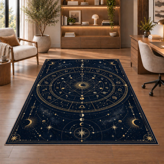 Astrology chart wheel with moon phases rug in a sitting room with an armchair