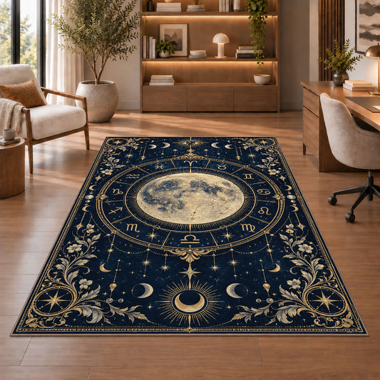 Full moon zodiac circle with floral corners rug in a sitting room with an armchair