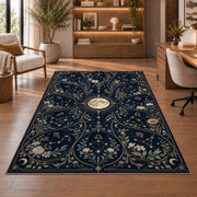 Floral celestial full moon night sky rug in a sitting room with an armchair