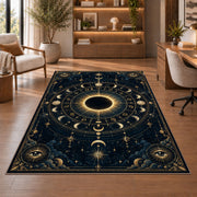 Solar eclipse zodiac with moon phases rug in a sitting room with an armchair