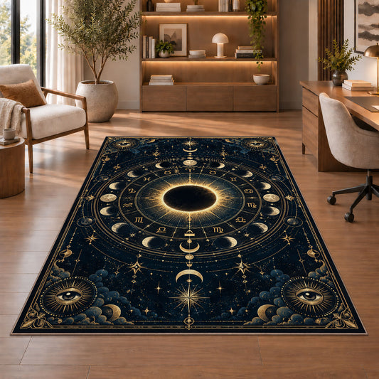 Solar eclipse zodiac with moon phases rug in a sitting room with an armchair