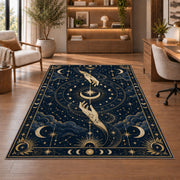 Mystic hands reaching for a crescent moon rug in a sitting room with an armchair