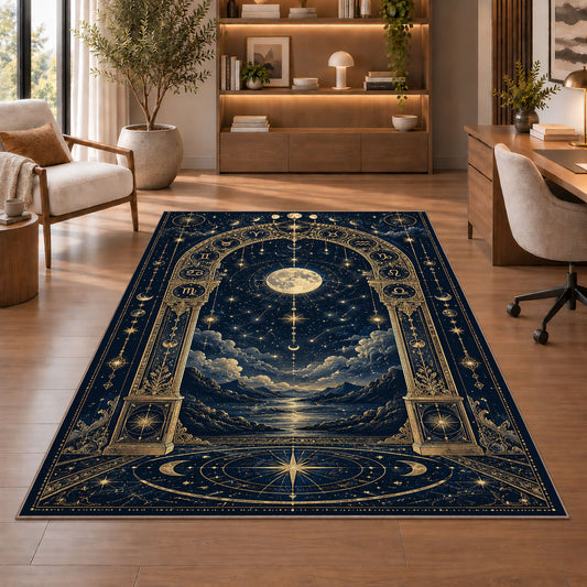 Moonlit celestial arch over the sea rug in a sitting room with an armchair