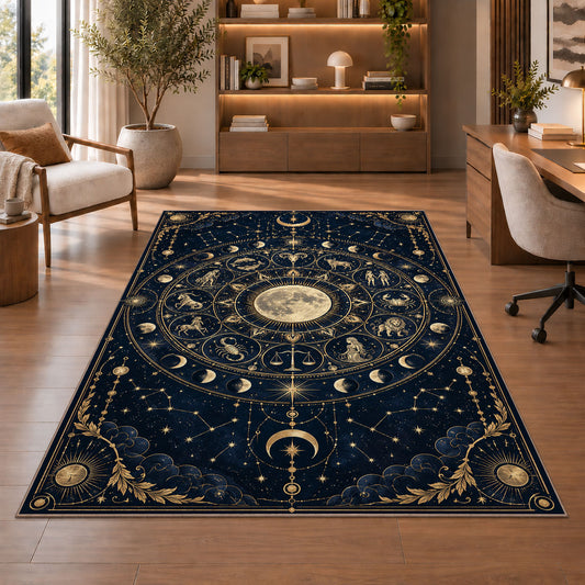 Full moon zodiac signs wheel rug in a sitting room with an armchair