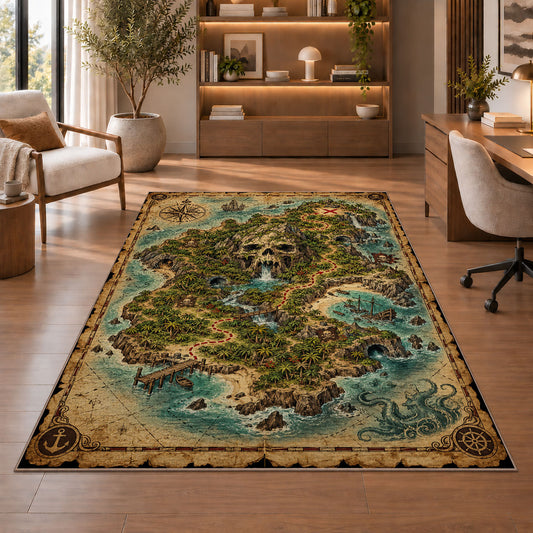 Vintage skull island treasure map rug in a sitting room with an armchair
