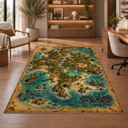 Turquoise treasure island map rug in a sitting room with an armchair
