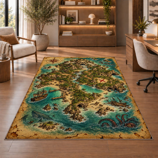 Turquoise treasure island map rug in a sitting room with an armchair
