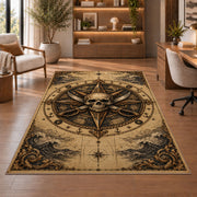 Sepia skull compass with crossed cutlasses rug in a sitting room with an armchair