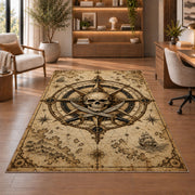 Light parchment skull nautical chart rug in a sitting room with an armchair
