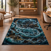 Kraken whirlpool shipwreck rug in a sitting room with an armchair