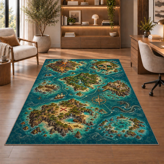 Pirate archipelago map with volcano and skull island rug in a sitting room with an armchair