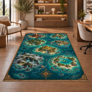 Tropical atoll pirate map rug in a sitting room with an armchair