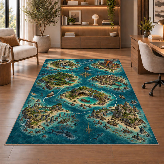 Pirate cove island map with shipwreck and sharks rug in a sitting room with an armchair