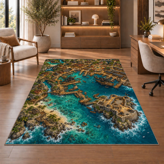Aerial pirate harbor town with fortress rug in a sitting room with an armchair