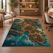 Aerial pirate port city with docks rug in a sitting room with an armchair