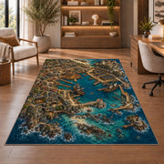 Aerial pirate docks with galleons rug in a sitting room with an armchair