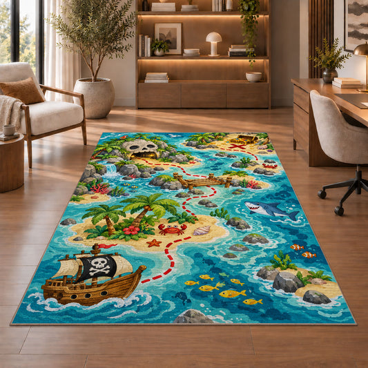 Cartoon kids pirate treasure map rug in a sitting room with an armchair
