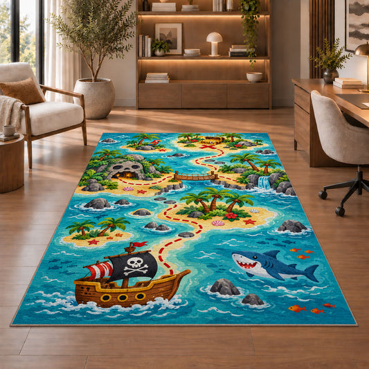 Cartoon pirate adventure island map rug in a sitting room with an armchair