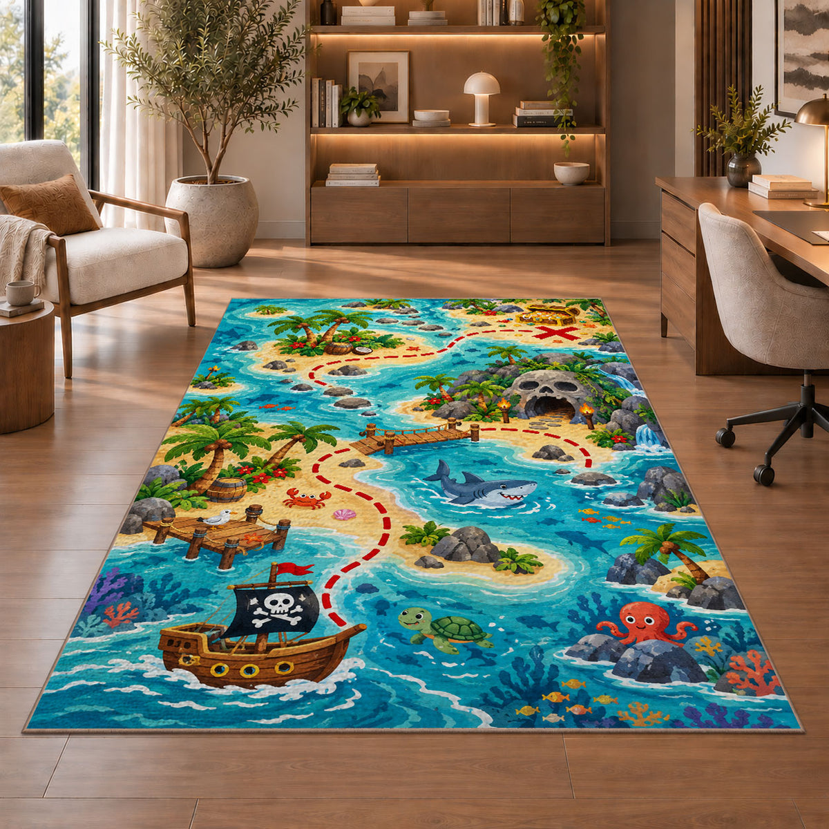 Cartoon treasure hunt map with sea animals rug in a sitting room with an armchair