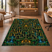 Jungle temple pixel maze rug in a sitting room with an armchair