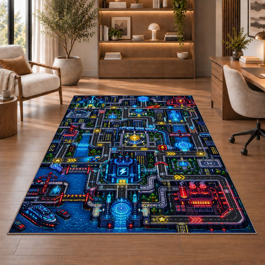 Futuristic sci-fi city circuit maze rug in a sitting room with an armchair