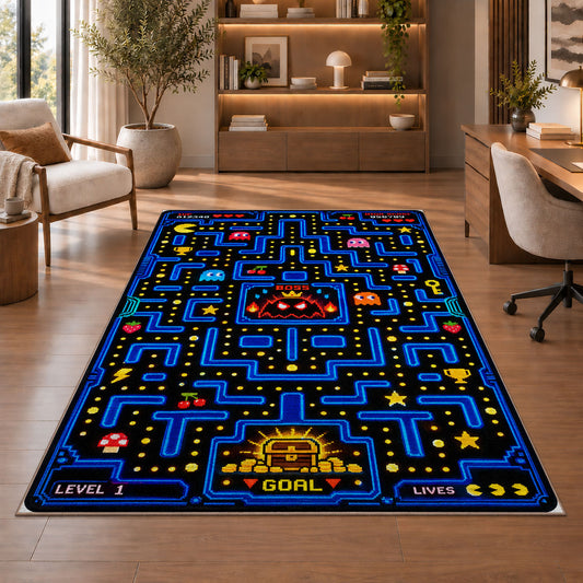 Arcade maze with boss and treasure goal rug in a sitting room with an armchair