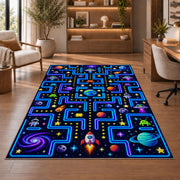 Outer space arcade maze rug in a sitting room with an armchair