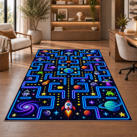 Outer space arcade maze rug in a sitting room with an armchair