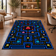Classic neon blue arcade maze rug in a sitting room with an armchair