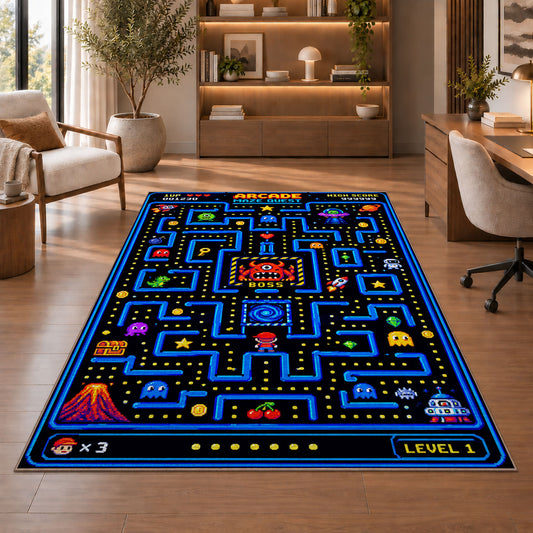 Arcade maze quest level one rug in a sitting room with an armchair