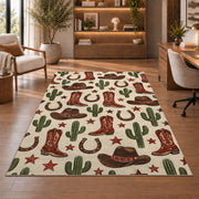 Western icons pattern rug in a home office with wooden shelves