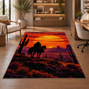 Cowboy sunset rider rug in a home office with wooden shelves
